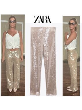 Zara champagne gold sequin embellished sparkly knit dress pants pull on L NWOT